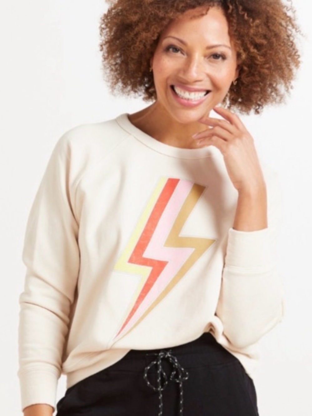 Letluv x Anthropologie Cream Lightening Bolt Crewneck Sweatshirt Size Medium